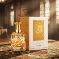 Mazaaji Lattafa golden perfume bottle table white gold packaging flower design glass