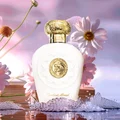 Opulent Musk Lattafa white elegant unisex fragrance pink flowers water splash brown tabletop