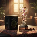 Lattafa sheikh al shuykh edp men fragrance in a stylish living room setting nearby flowers