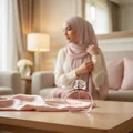 Woman in hijab sitting on sofa next Charm LaMuse Lattafa edp perfume bottle
