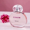 Charm LaMuse Lattafa edp bottle on pink background next red rose flower closeup