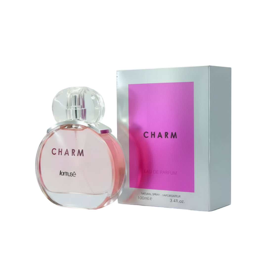 Charm LaMuse Lattafa botol edp dekat pembungkusan kelabu perak pink