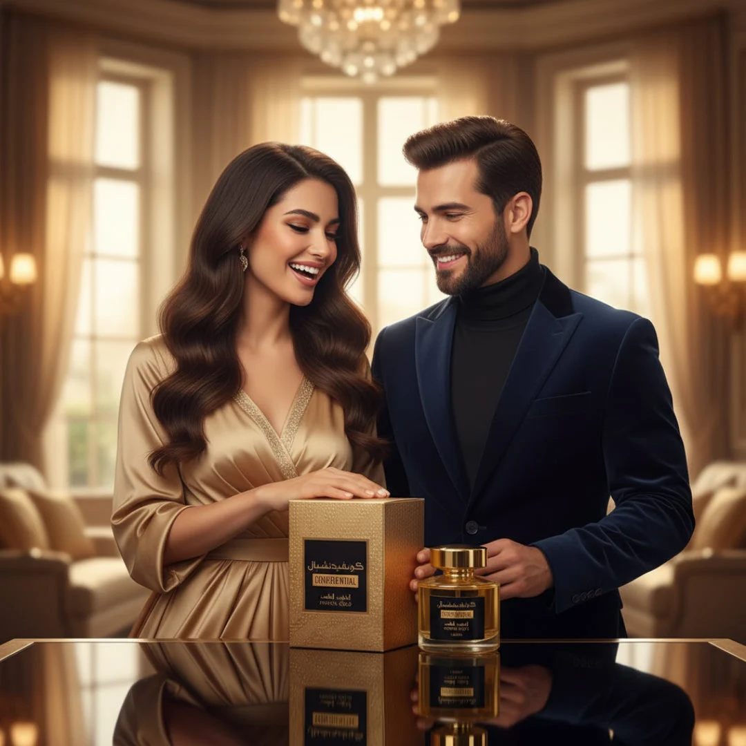 Confidential Private Gold Lattafa elegant couple luxurious room holding fragrance bottles