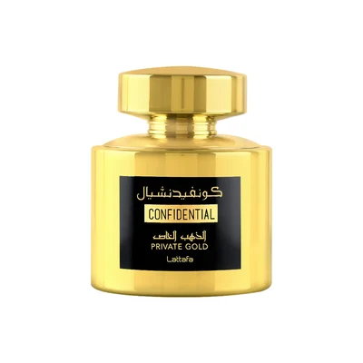 Confidential Private Gold Lattafa edp women sleek cylindrical golden glass jar closeup