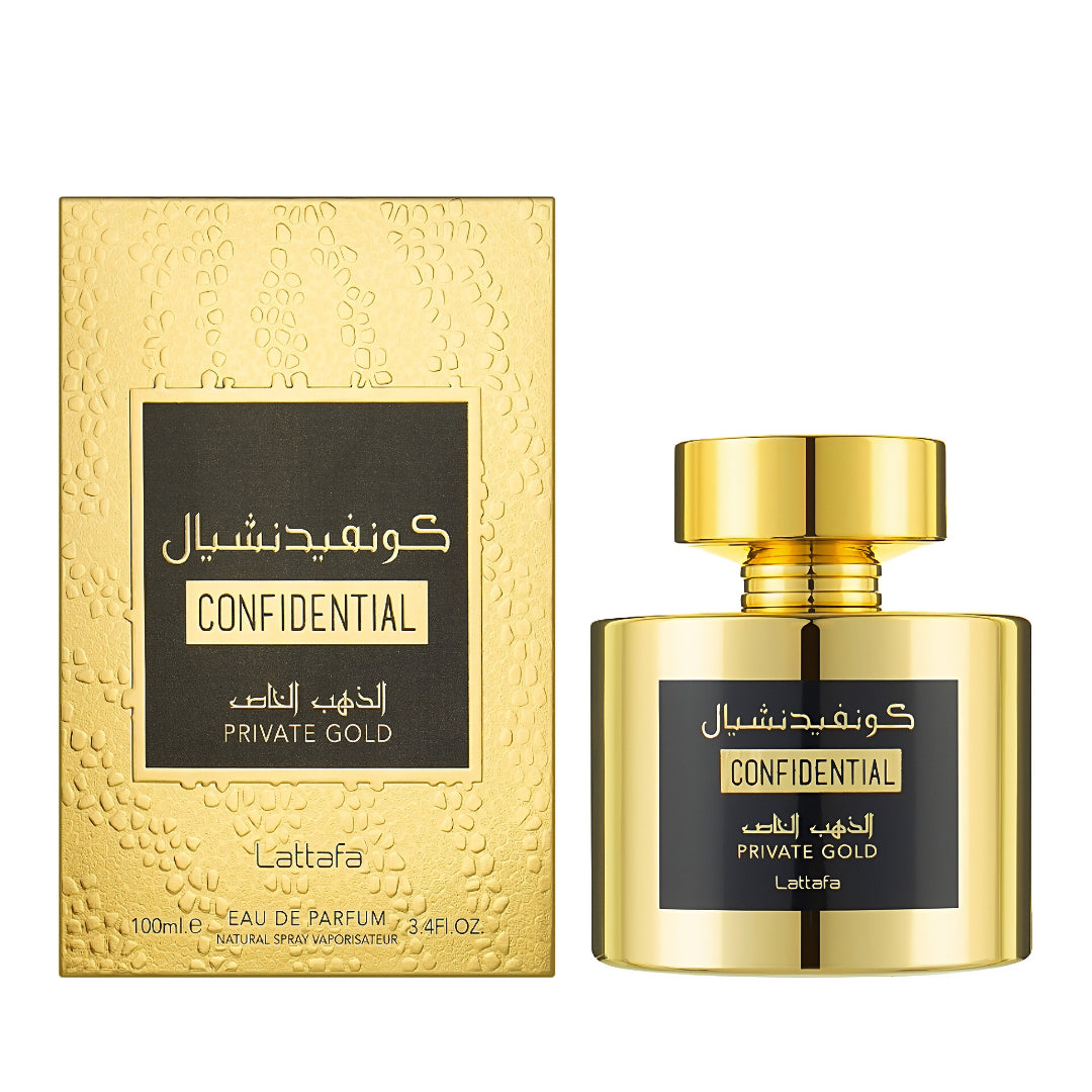 Confidential Private Gold Lattafa edp perempuan pembungkusan emas latar belakang putih dekat