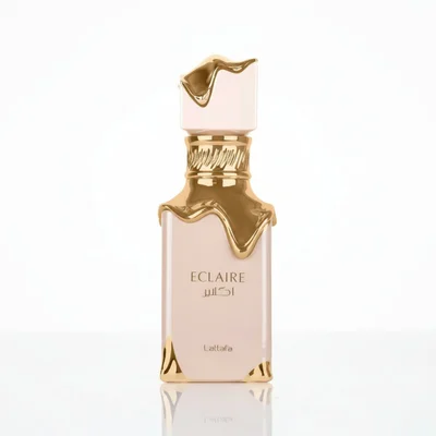 Eclaire Lattafa women edp pink gold packaging closeup front side