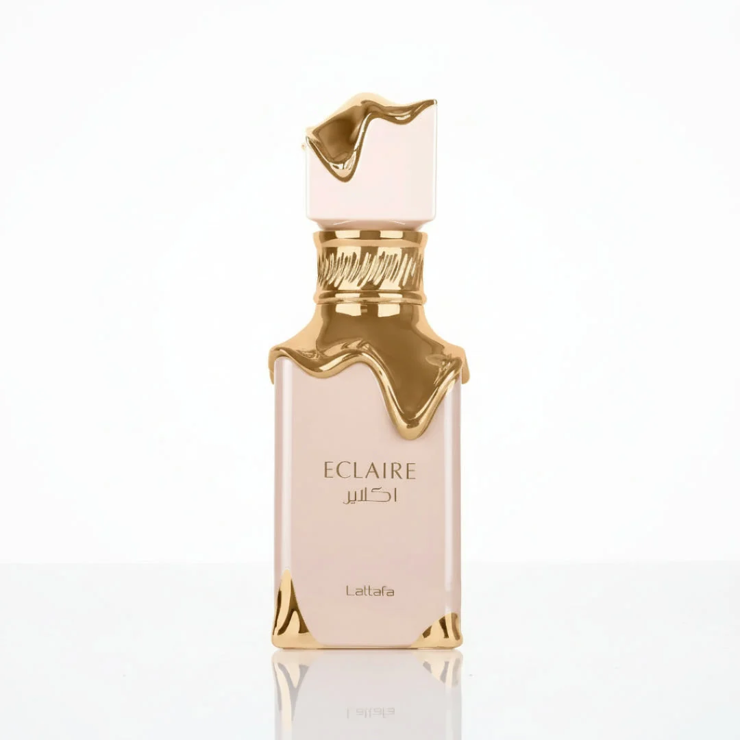 Eclaire Lattafa women edp pink gold packaging closeup front side