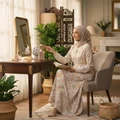Woman in hijab holding Eclaire Lattafa edp beside dresser home interior