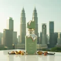 Eclaire Pistache Lattafa green fragrance spray white tabletop city skyline view Malaysia