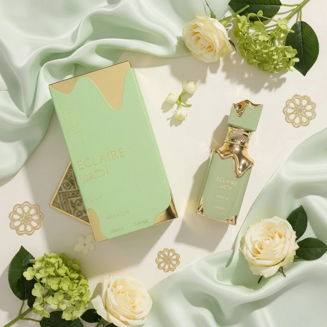 Eclaire Pistache Lattafa edp bottle and box green small white flowers
