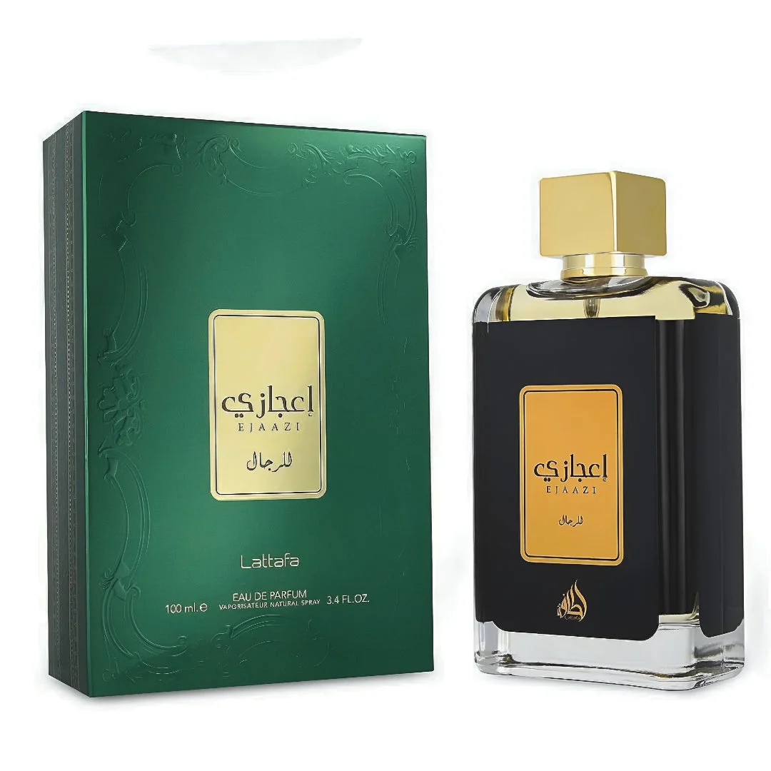 Ejaazi Lattafa green gift box edp men black glass gold accents
