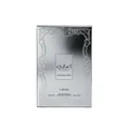 Ejaazi Intensive Lattafa silver perfume packaging decorative grey metal case closeup