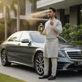 Man in traditional wear holding Ejaazi Intensive Lattafa fragrance beside car outdoors
