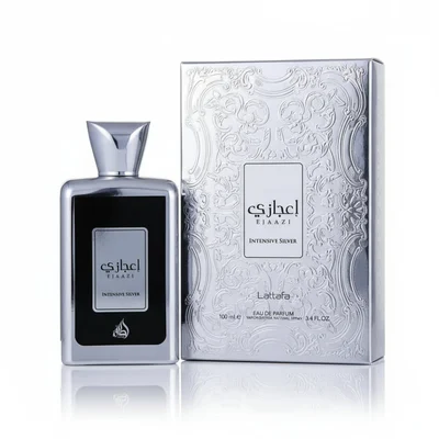 Ejaazi Intensive Lattafa, botol perfume silver unisex dengan kotak perak elegan putih
