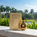 Fakhar Extrait Lattafa men fragrance gold packaging marble outdoors Malaysia garden