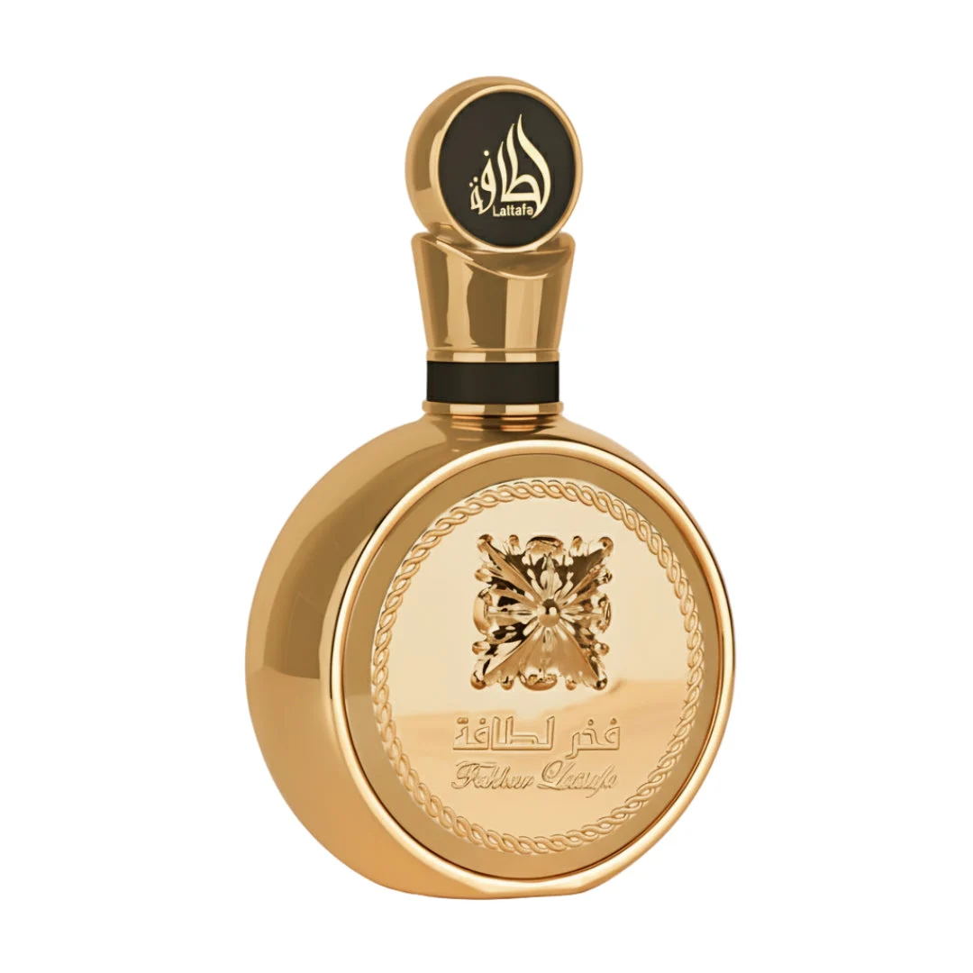 Fakhar Extrait Lattafa men fragrance gold packaging closeup round gold cap