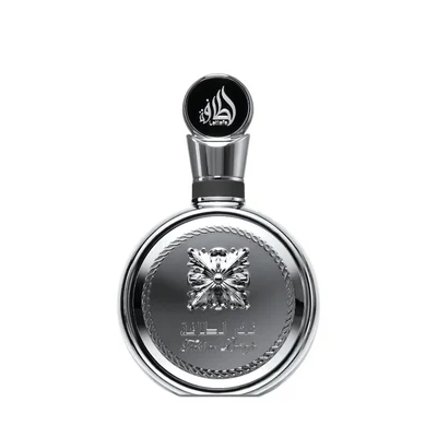 Fakhar Platin Lattafa silver men fragrance cologne closeup front round glass bottle