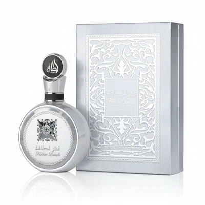 Fakhar Platin Lattafa silver men fragrance elegant packaging white background side view