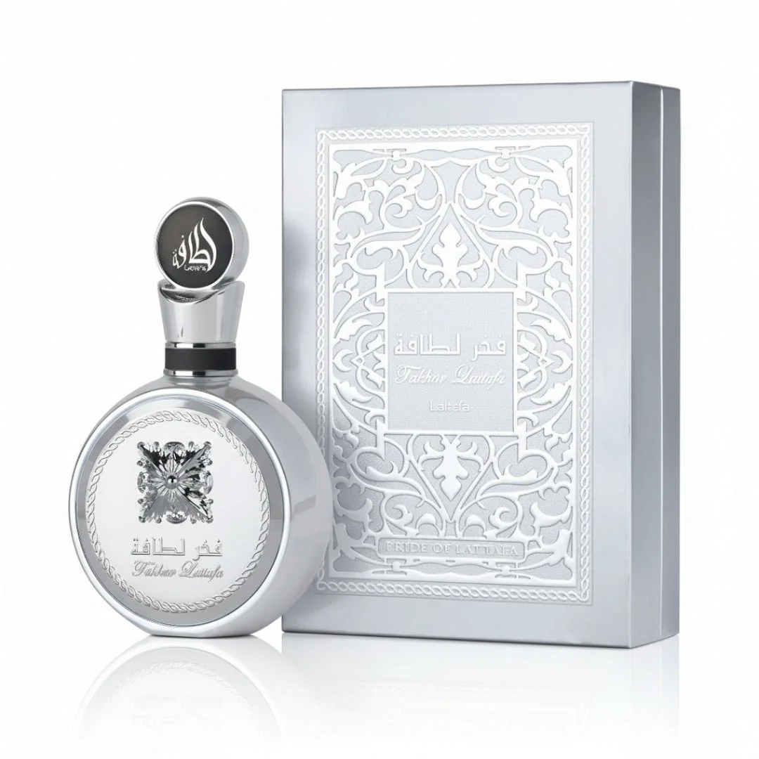 Fakhar Platin Lattafa silver men fragrance elegant packaging white background side view