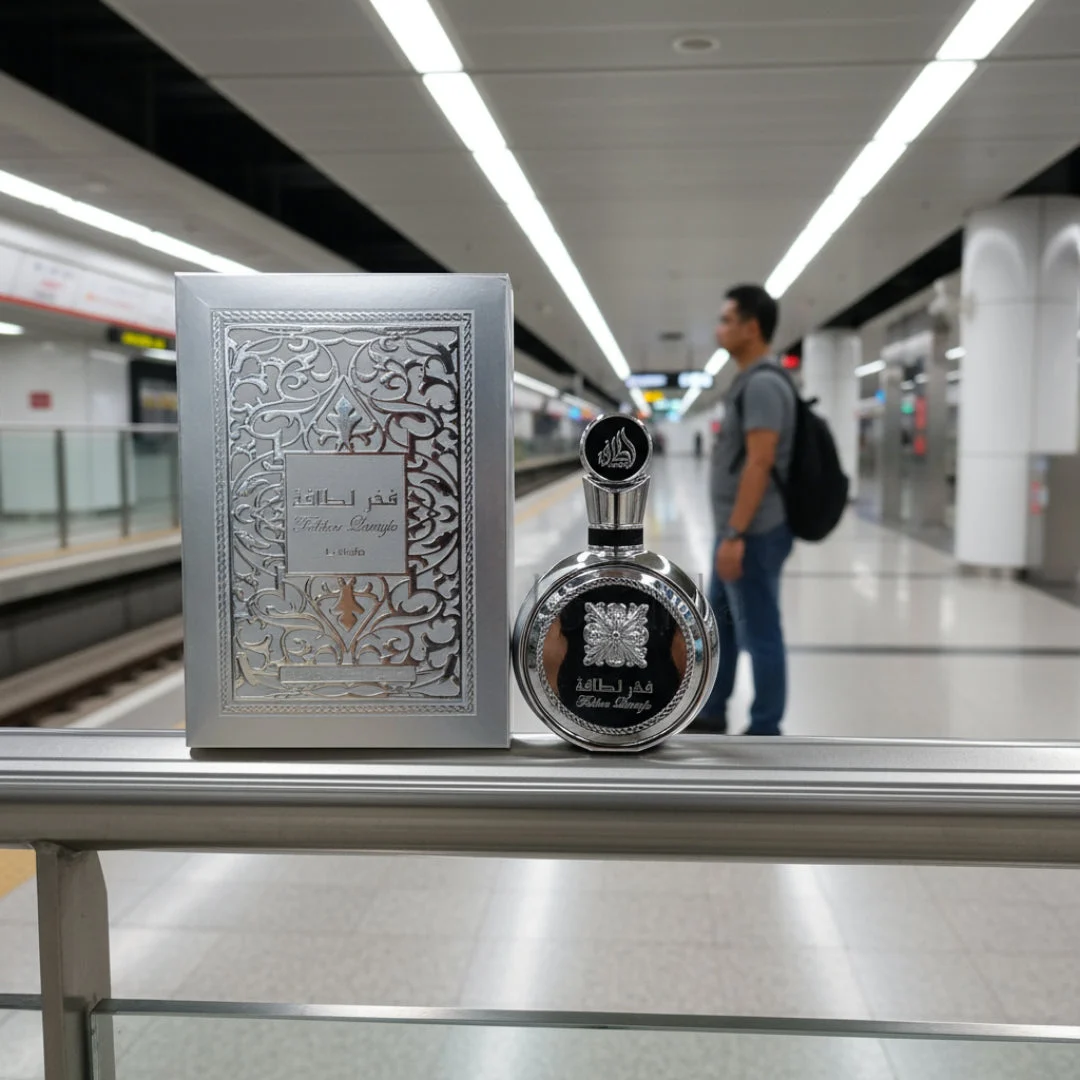Fakhar Platin Lattafa silver fragrance on railing subway station platform closeup