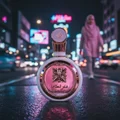 Fakhar Rose Gold Lattafa perfume bottle city street night closeup low angle