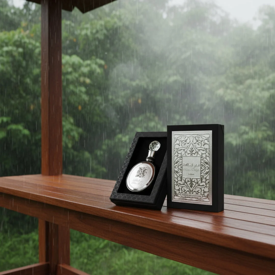 Fakhar Silver Lattafa edp men black case wooden table outdoors rainy day