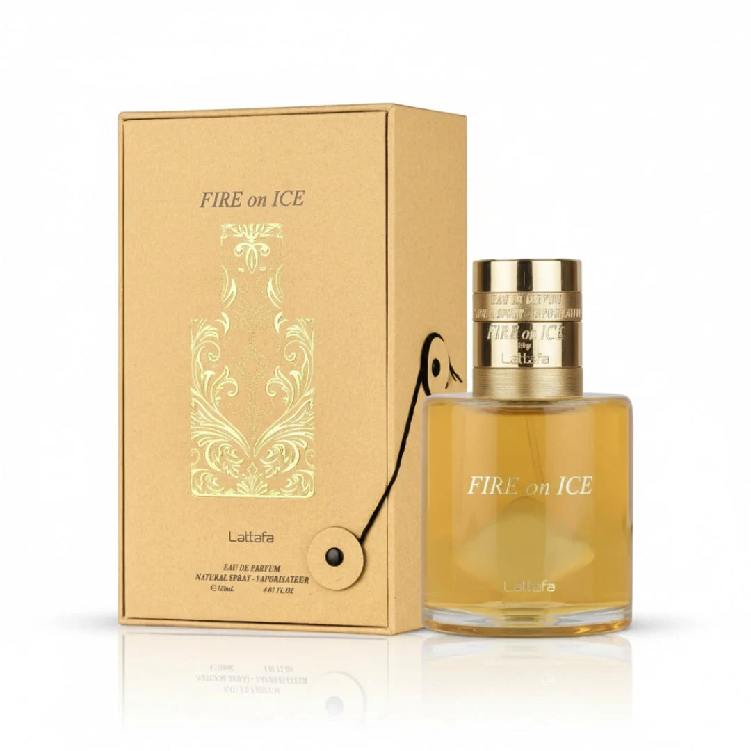Fire On Ice Lattafa perfume bottle and box side white clean reflection shadow