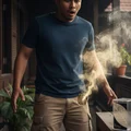 Man standing next Najdia Lattafa fragrance smoke rising daytime outdoor setting Malaysia
