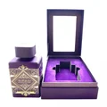 Badee Al Oud Amethyst Lattafa edp unisex bottle and box packaging slightly open