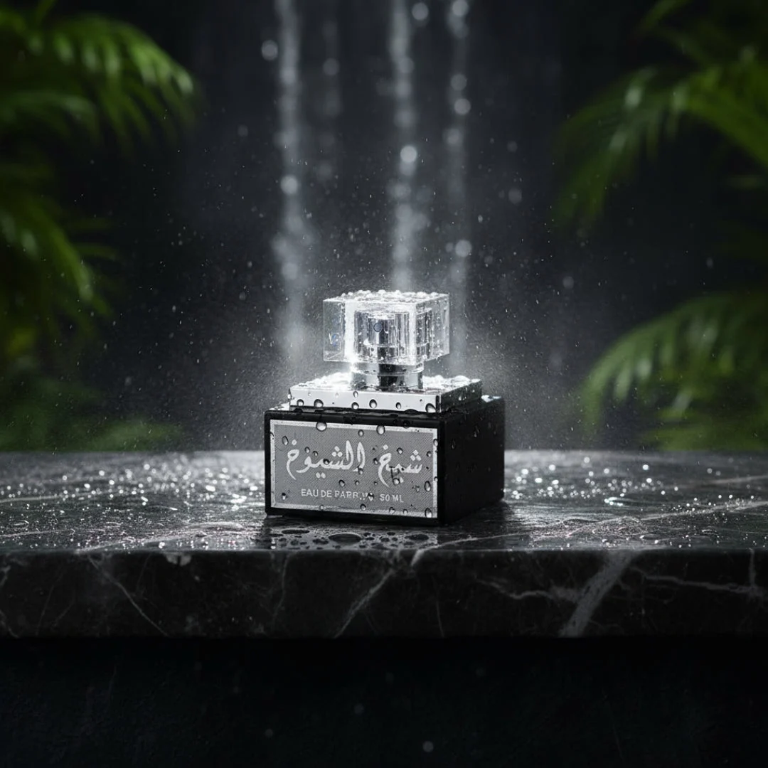 Lattafa sheikh al shuyuakh edp men fragrance in black marble setting rain drops falling down