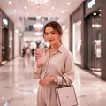 Woman holding Haya Lattafa perfume in shopping mall smiling at camera stylishly dressed