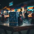 Hayaati Al Maleky Lattafa perfume on table night market surrounded smoke mist closeup