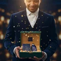 Man in suit holding Hayaati Al Maleky Lattafa green gift box cologne bottles closeup