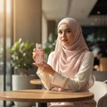 Woman in hijab holding Hayaati Florence Lattafa edp pink fragrance cafe table