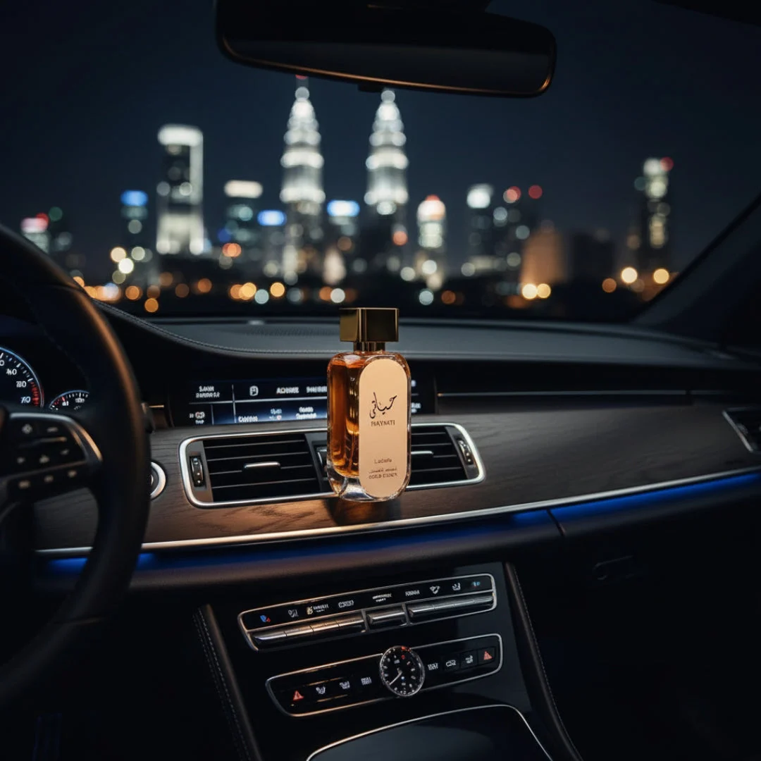 Hayaati Gold Elixir Lattafa unisex perfume car dashboard night city view closeup
