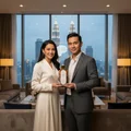 Man woman holding Hayaati Gold Elixir Lattafa modern room kuala lumpur skyline
