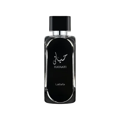 Hayaati Men Lattafa edp black rectangular spray white background closeup front side