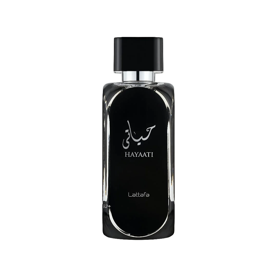 Hayaati Men Lattafa edp black rectangular spray white background closeup front side