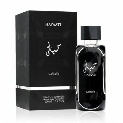 Hayaati Men Lattafa edp black fragrance packaging white background close up view