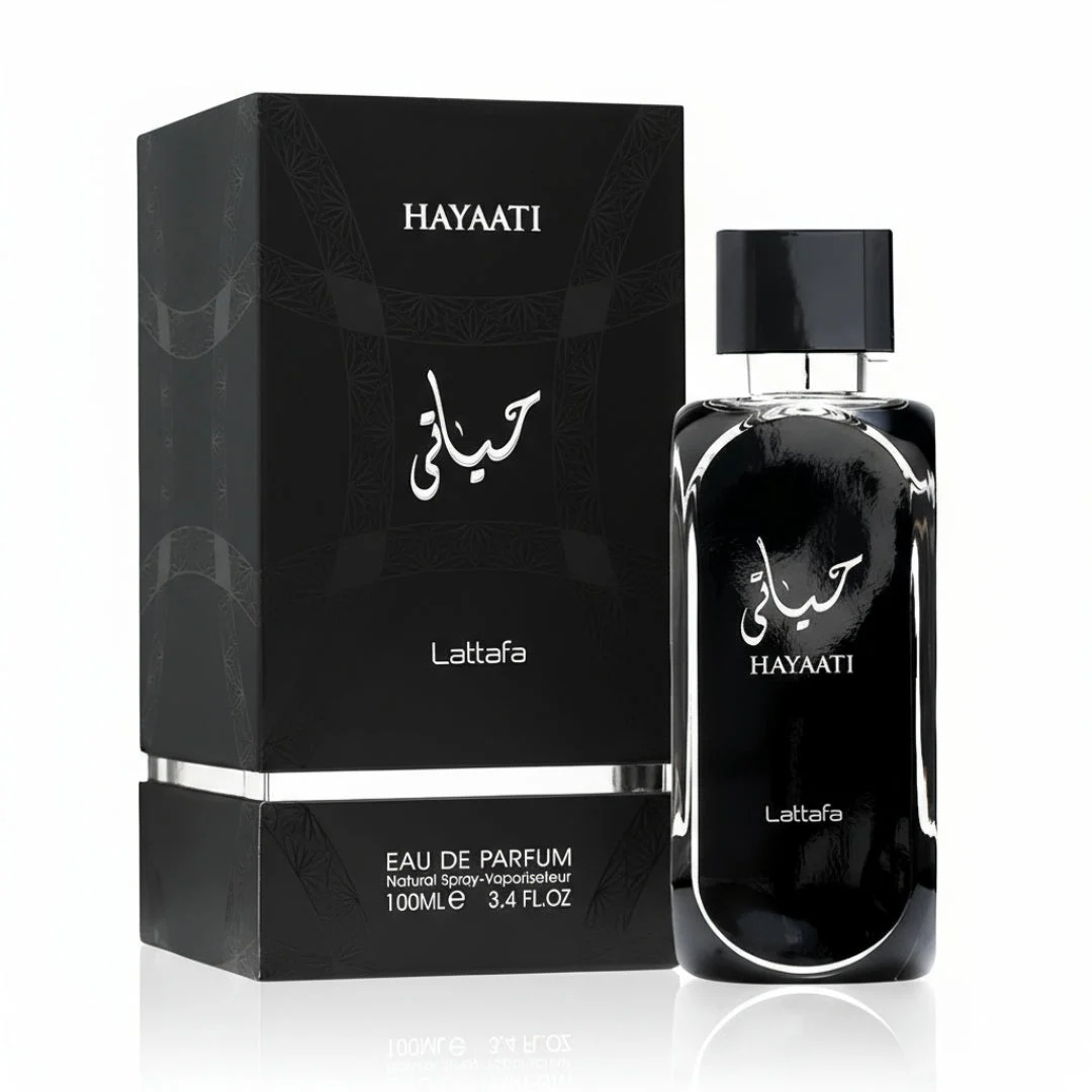 Hayaati Men Lattafa edp black fragrance packaging white background close up view