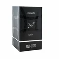 Hayaati Men Lattafa black perfume packaging white background closeup side corner angled