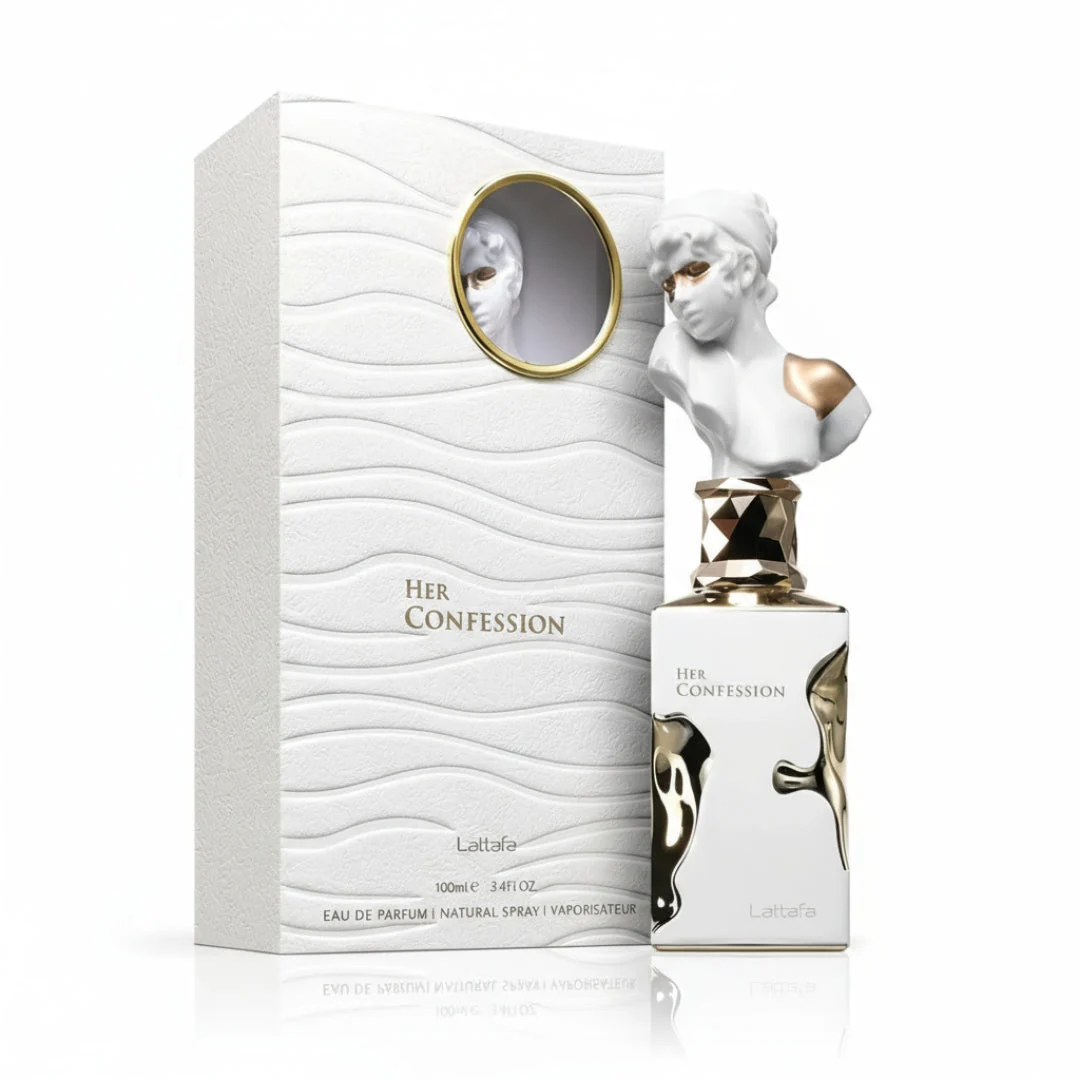 Her Confession Lattafa white gold statue bust fragrance edp wavy packaging closeup side