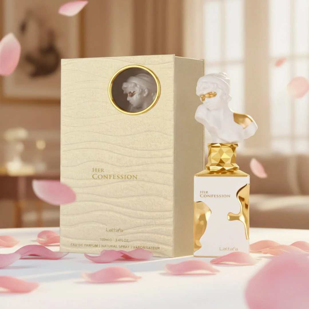 Her Confession Lattafa white gold statue on table surrounded pink petals beige background