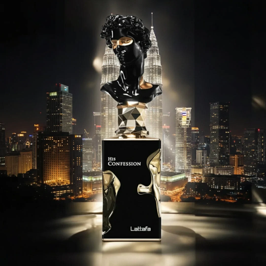 His Confession Lattafa black gold fragrance kuala lumpur cityscape at night