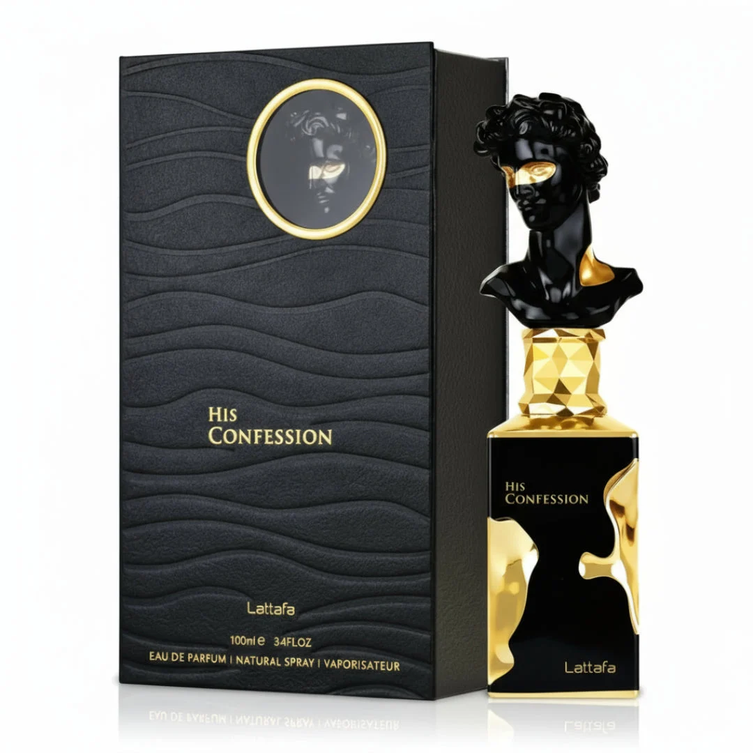His Confession Lattafa black gold fragrance packaging white background closeup front