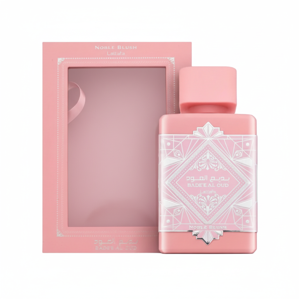 Badee Al Oud Noble Blush Lattafa pink mewah perfume pembungkusan dekat sudut