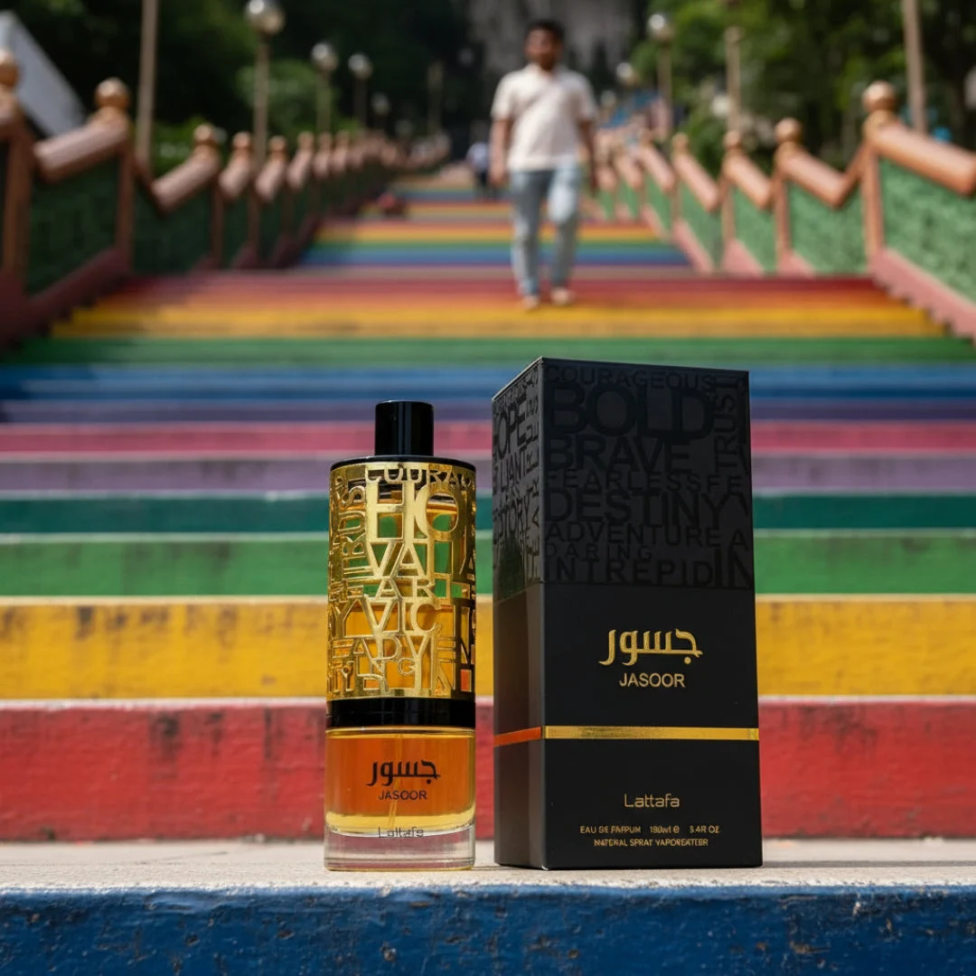Jasoor Lattafa perfume colorful staircase background unisex fragrance display closeup low angle
