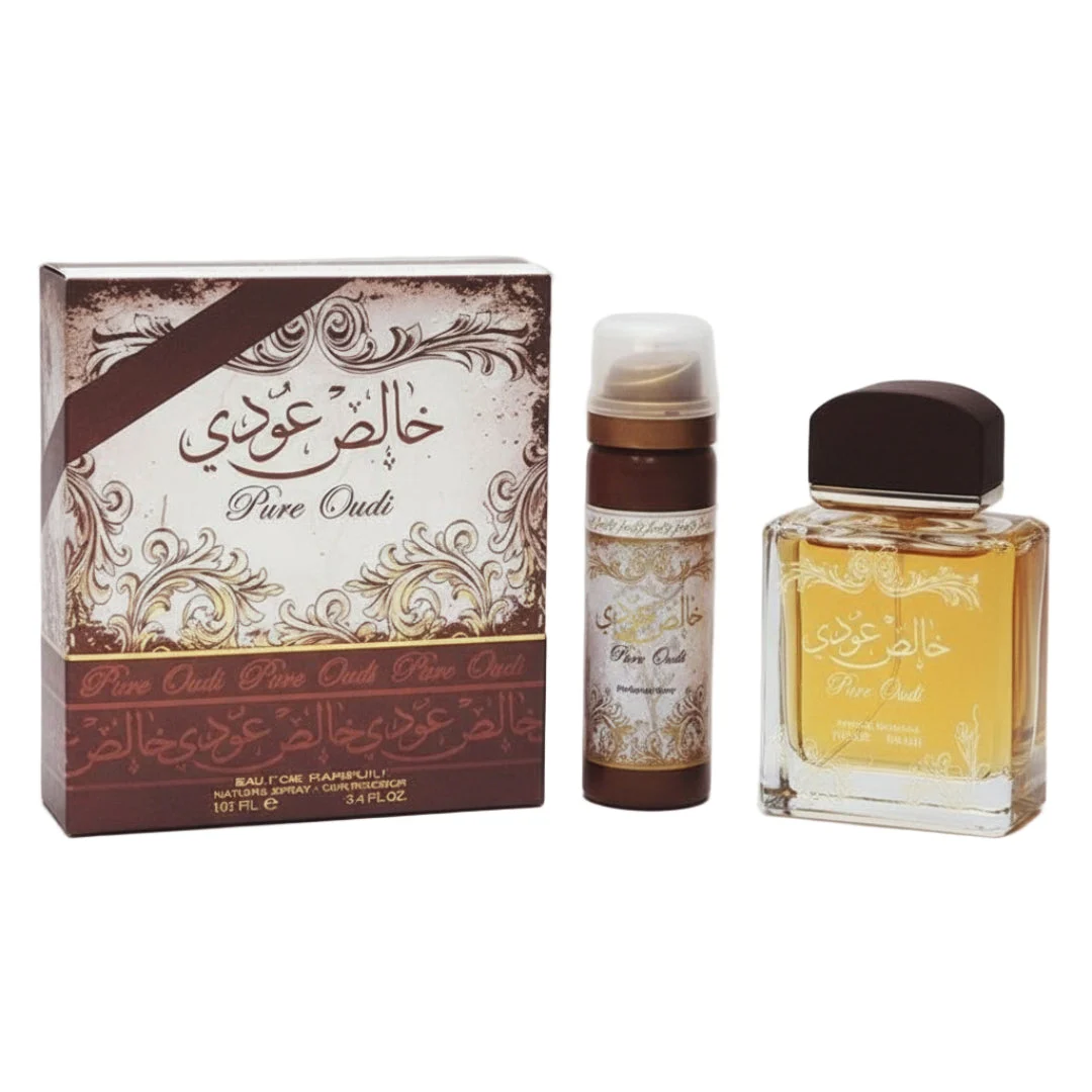 Khalis Pure Oudi Lattafa edp bottles brown packaging white background closeup side