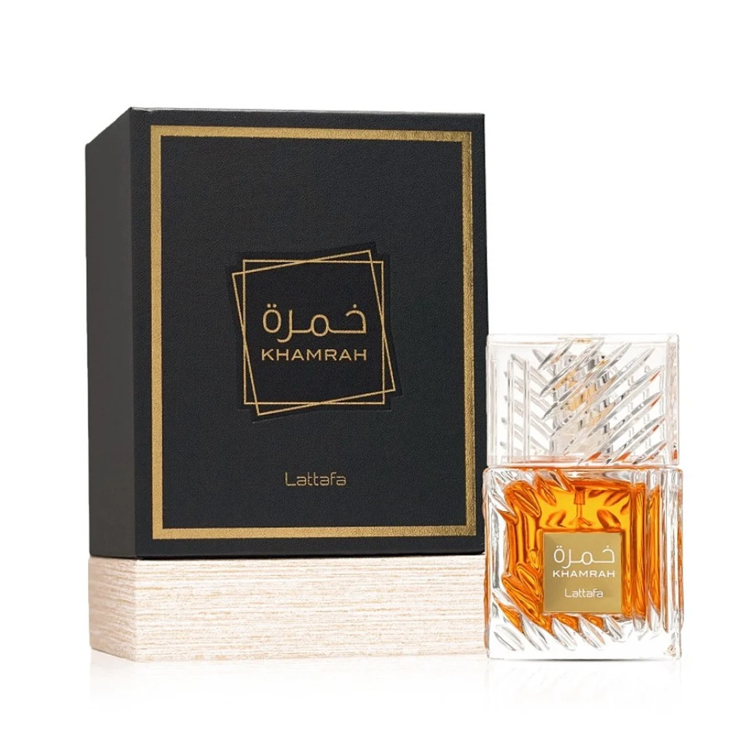 Khamrah Lattafa unisex edp perfume glass bottle box black white clean dark orange