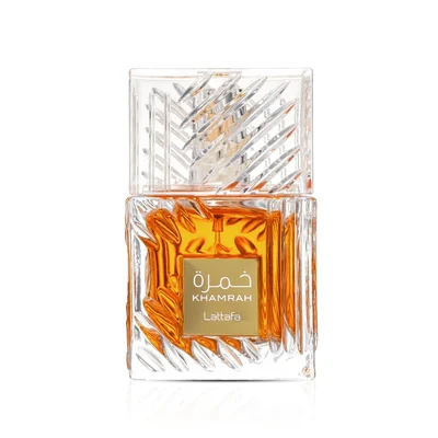 Khamrah Lattafa unisex edp perfume glass bottle orange clear minimal white studio
